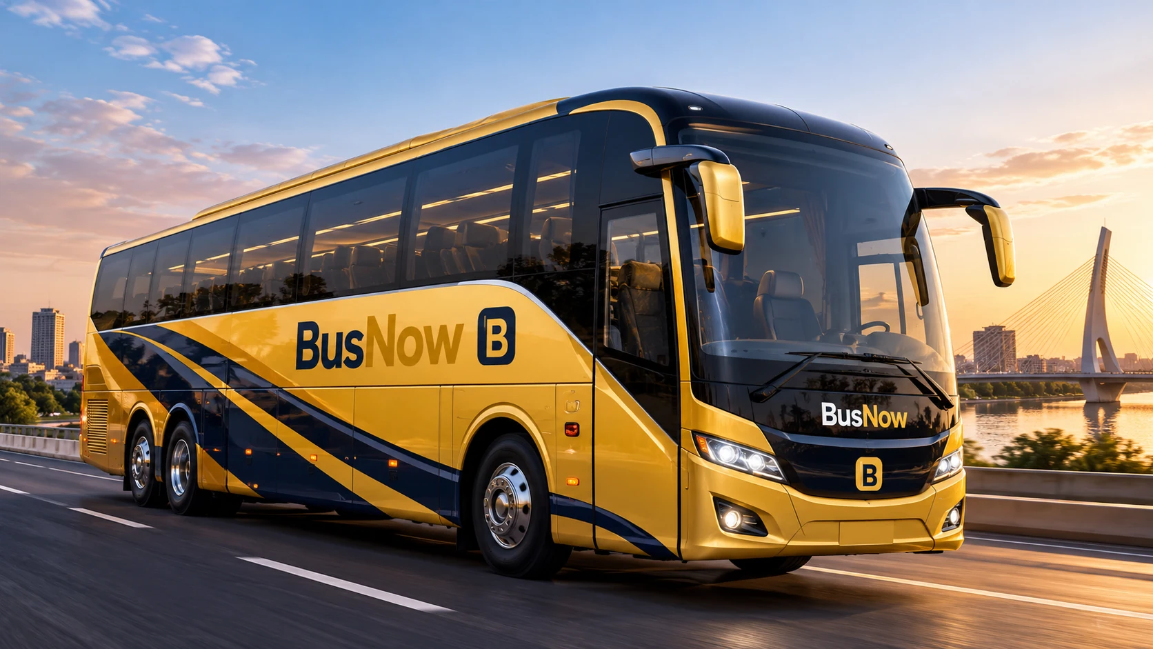 باص BusNow سياحي فاخر باللونين الكحلي والذهبي على طريق حديث